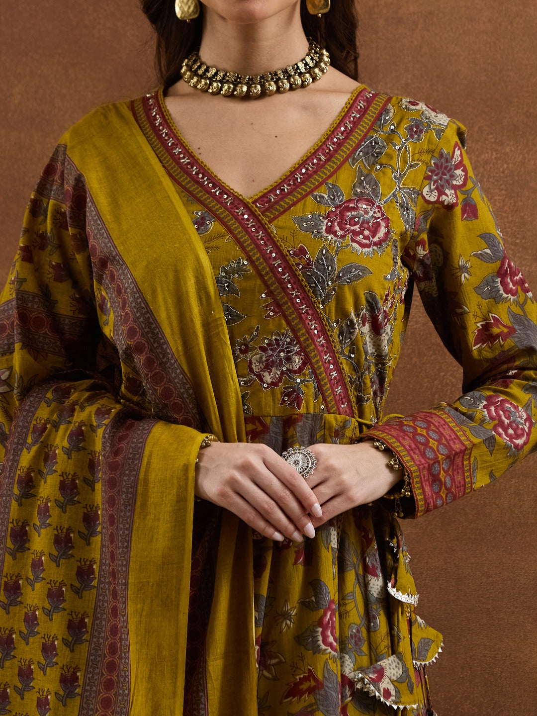 Elegant Mustard Yellow Floral Cotton Anarkali Set with Latkans & Dupatta