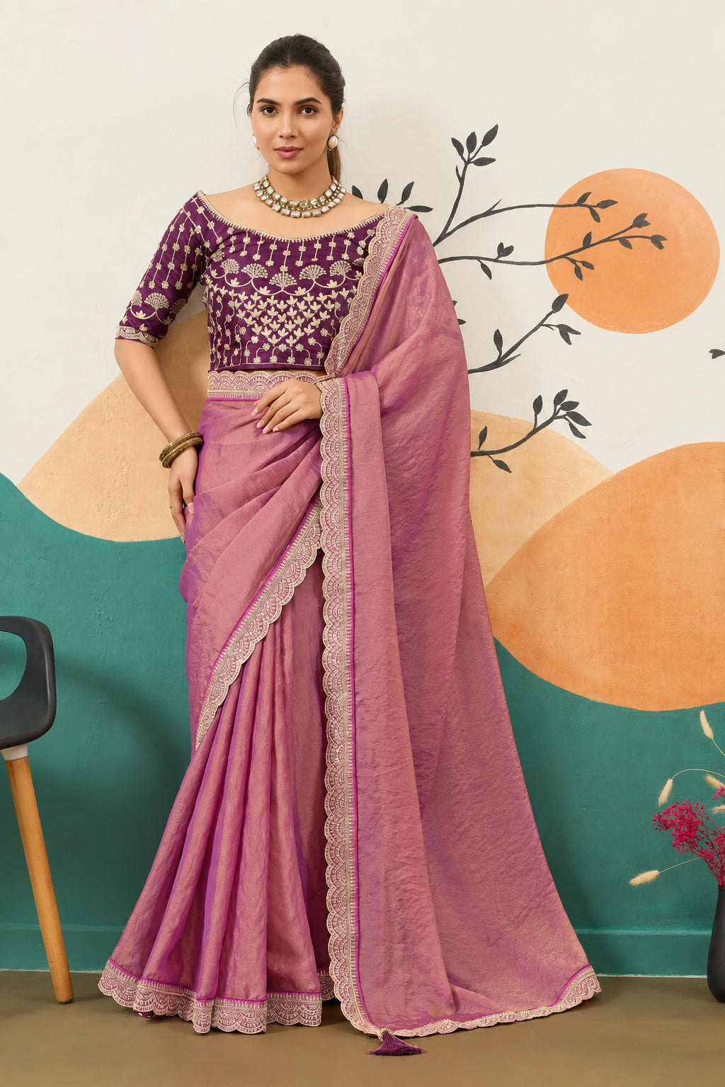 Designer Border Moss Saree & Sequined Silk Blouse