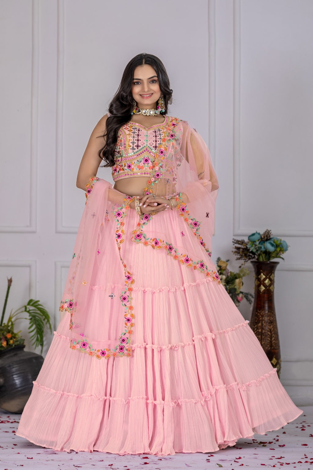 Georgette Pleated Lehenga Set with Embroidered Blouse | Festive Wear