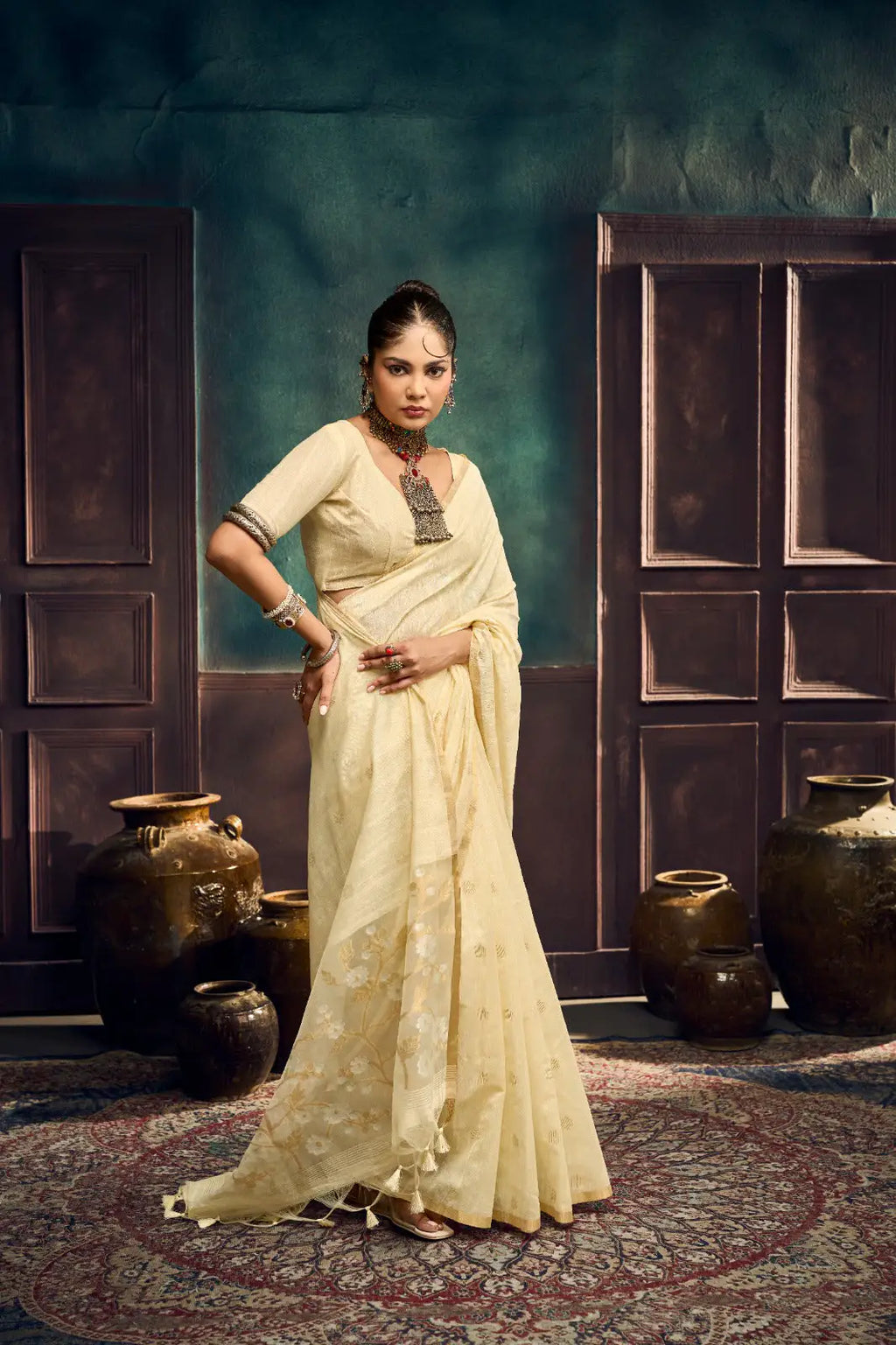 Authentic handloom Munga cotton saree with lightweight drape and woven border