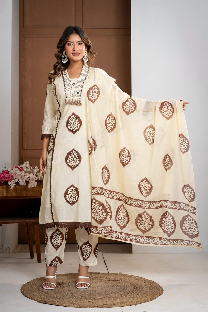Premium Mal Cotton Floral Printed Suit Set with Embroidered Neckline & Lace Accents