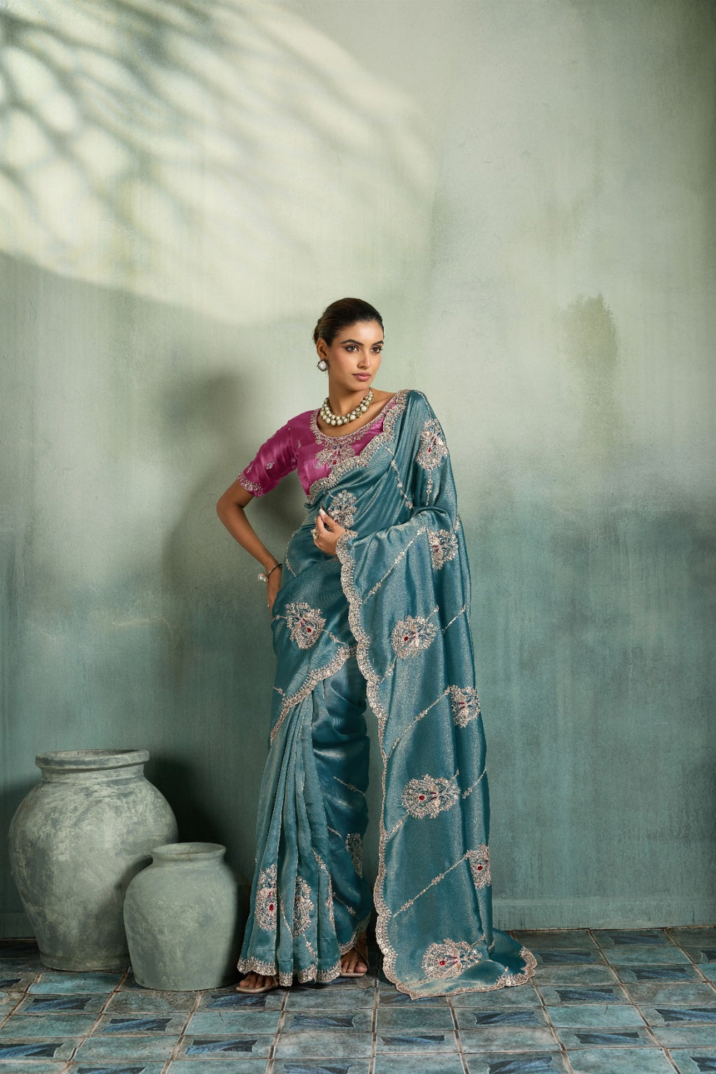 Premium Self-Stripe Giraffe Saree with Handcrafted Butta & Contrast Satin Blouse
