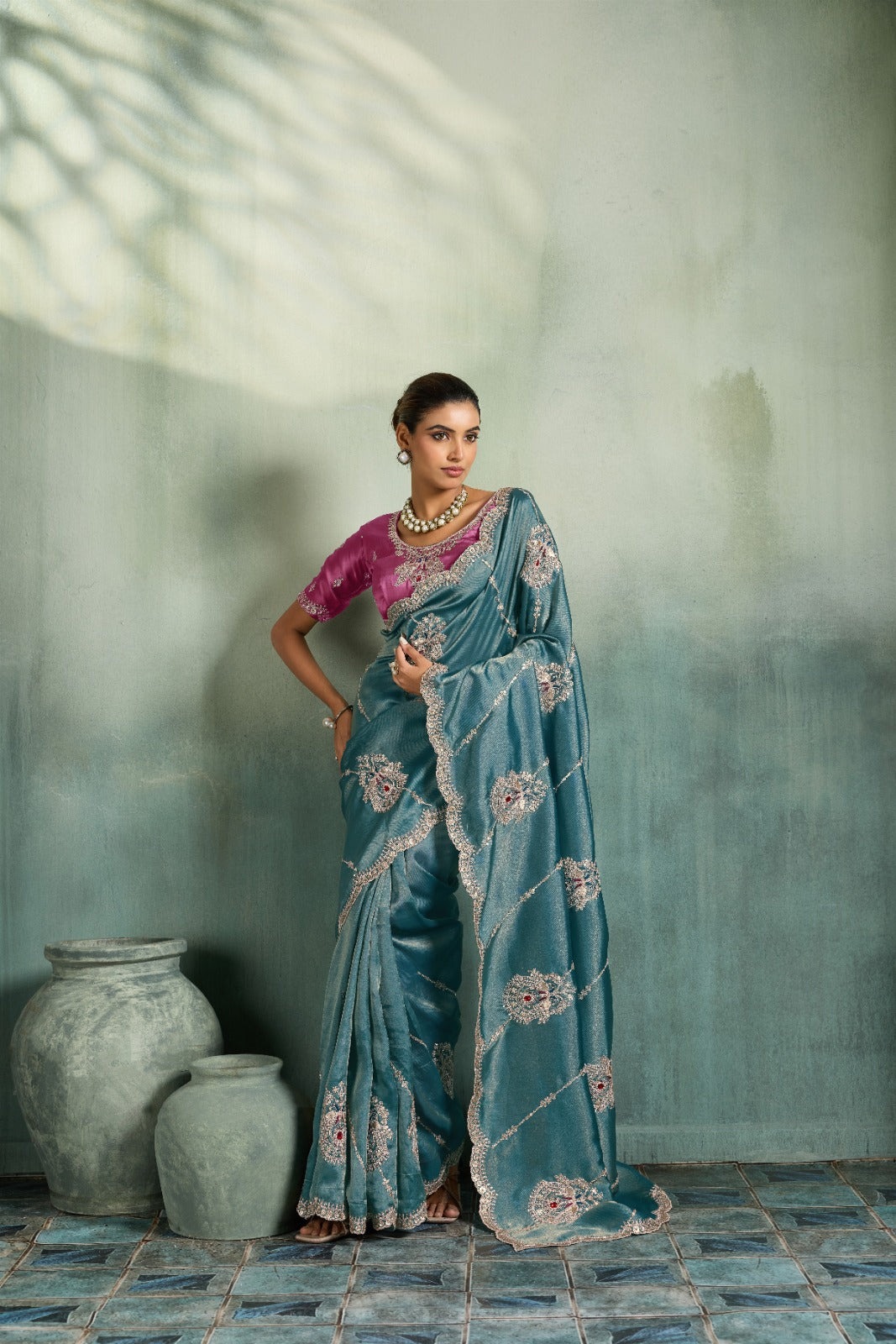 Premium Self-Stripe Giraffe Saree with Handcrafted Butta & Contrast Satin Blouse
