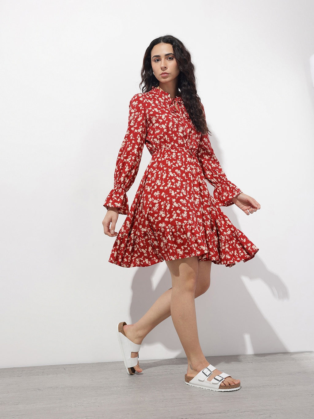 Maroon Round Neck Floral Print Rayon Midi Dress