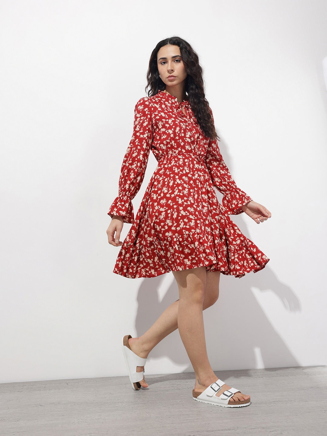 Maroon Round Neck Floral Print Rayon Midi Dress