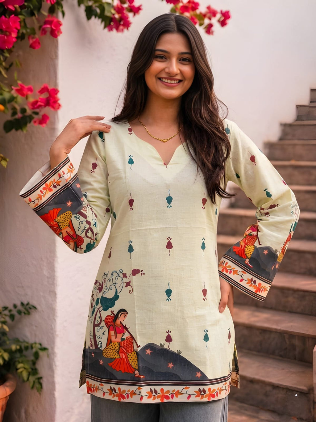 Classic Heritage: Cream Pure Cotton Kalamkari V-Neck Tunic
