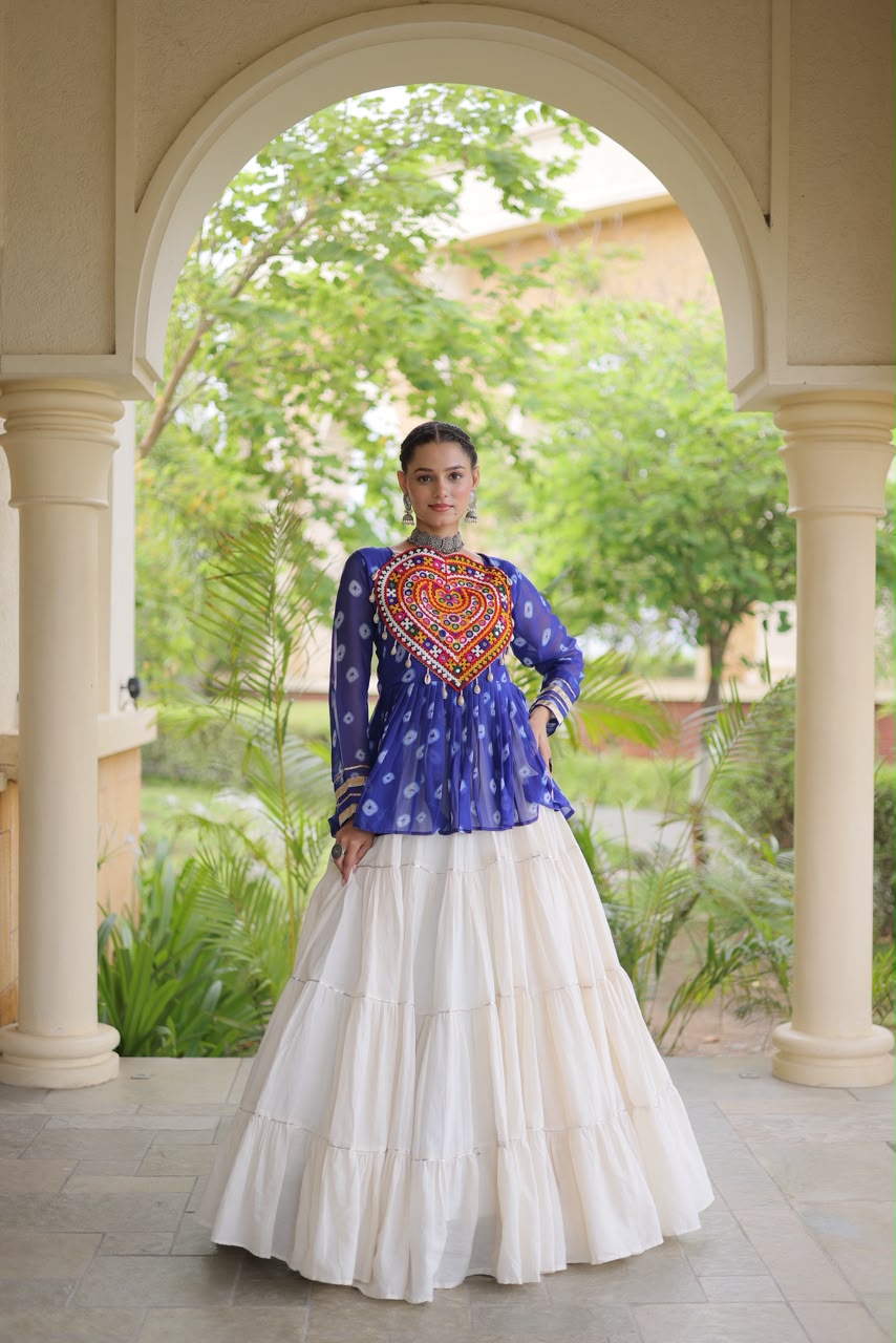 Kutchi Gamthi Patchwork Bandhani Top with Tiered Kora Cotton Lehenga