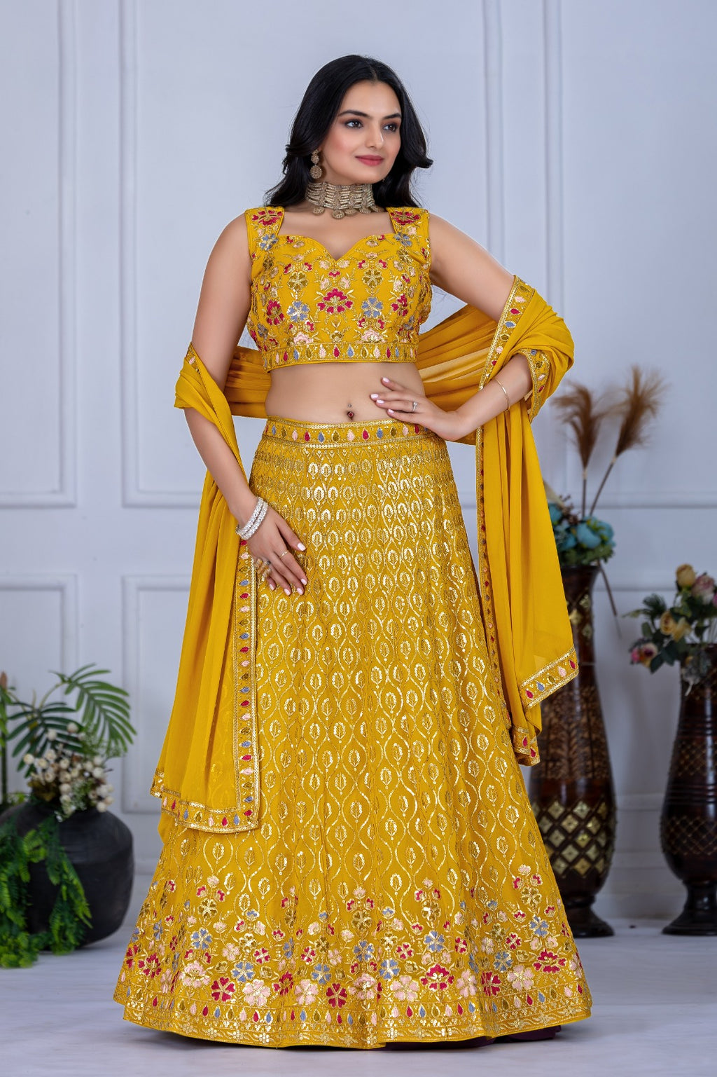 Radiant Haldi Elegance: Vibrant Yellow Fox Georgette Multi-Thread & Sequins Embroidered Lehenga Choli