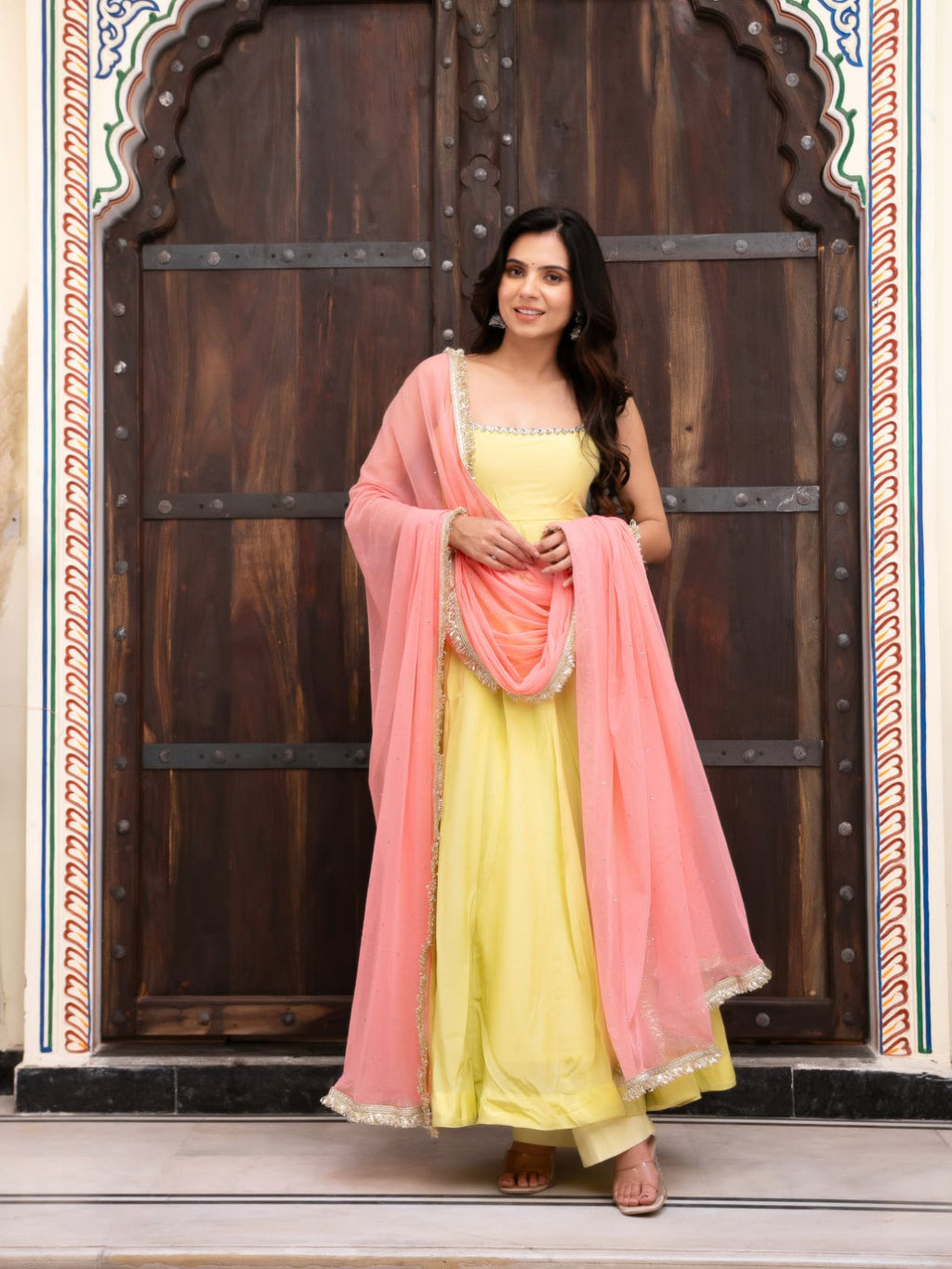 Pastel Yellow Georgette Anarkali Set with Peach Dupatta | Silver Lace