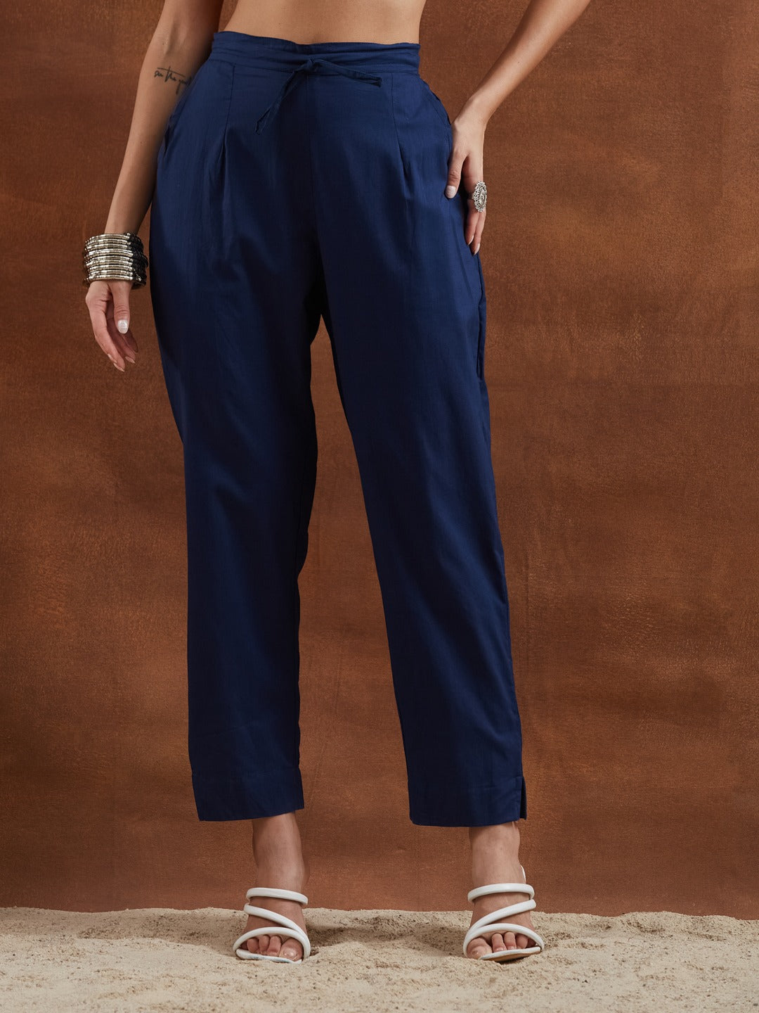 Deep Navy Blue Floral & Geometric Printed Cotton Kurta Pant Set