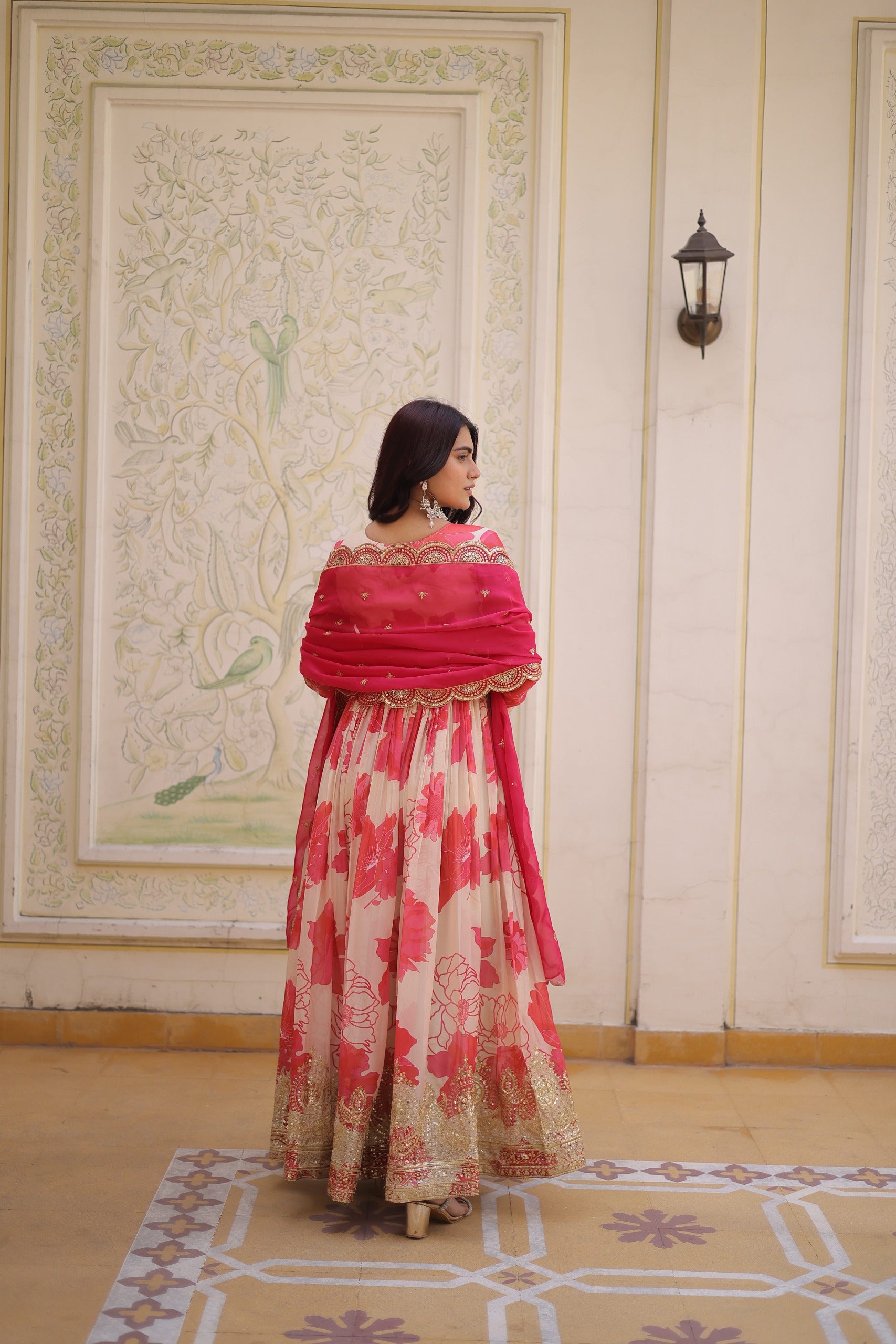 Shop Floral Russian Silk Embroidered Gown & Dupatta Set