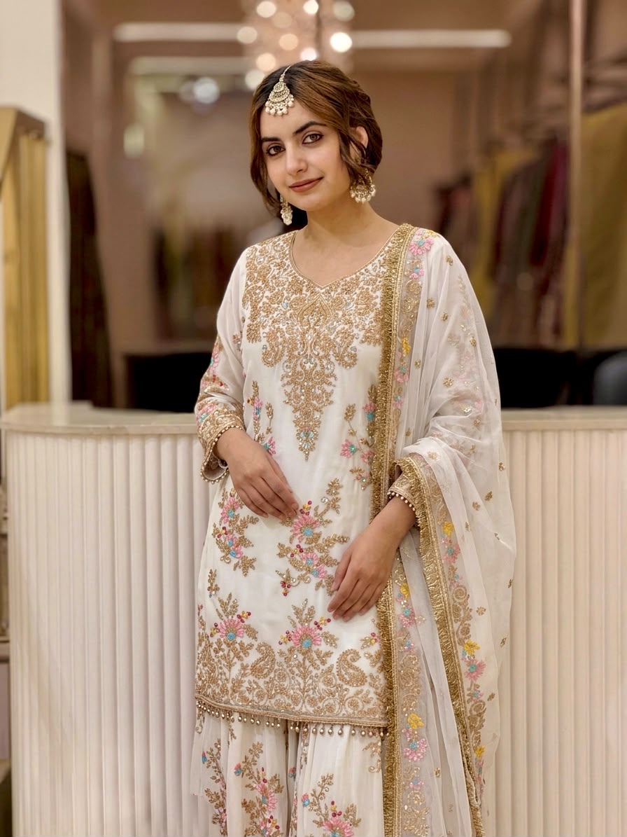 Regal Radiance: Designer Heavy Faux Georgette Top & Palazzo Set with 3mm Sequin Embroidery and Latkan Border