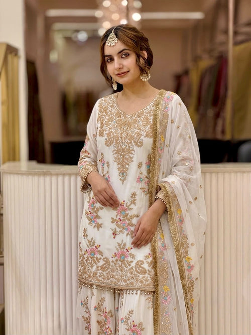 Designer Heavy Faux Georgette Top & Palazzo Set with 3mm Sequin Embroidery and Latkan Border