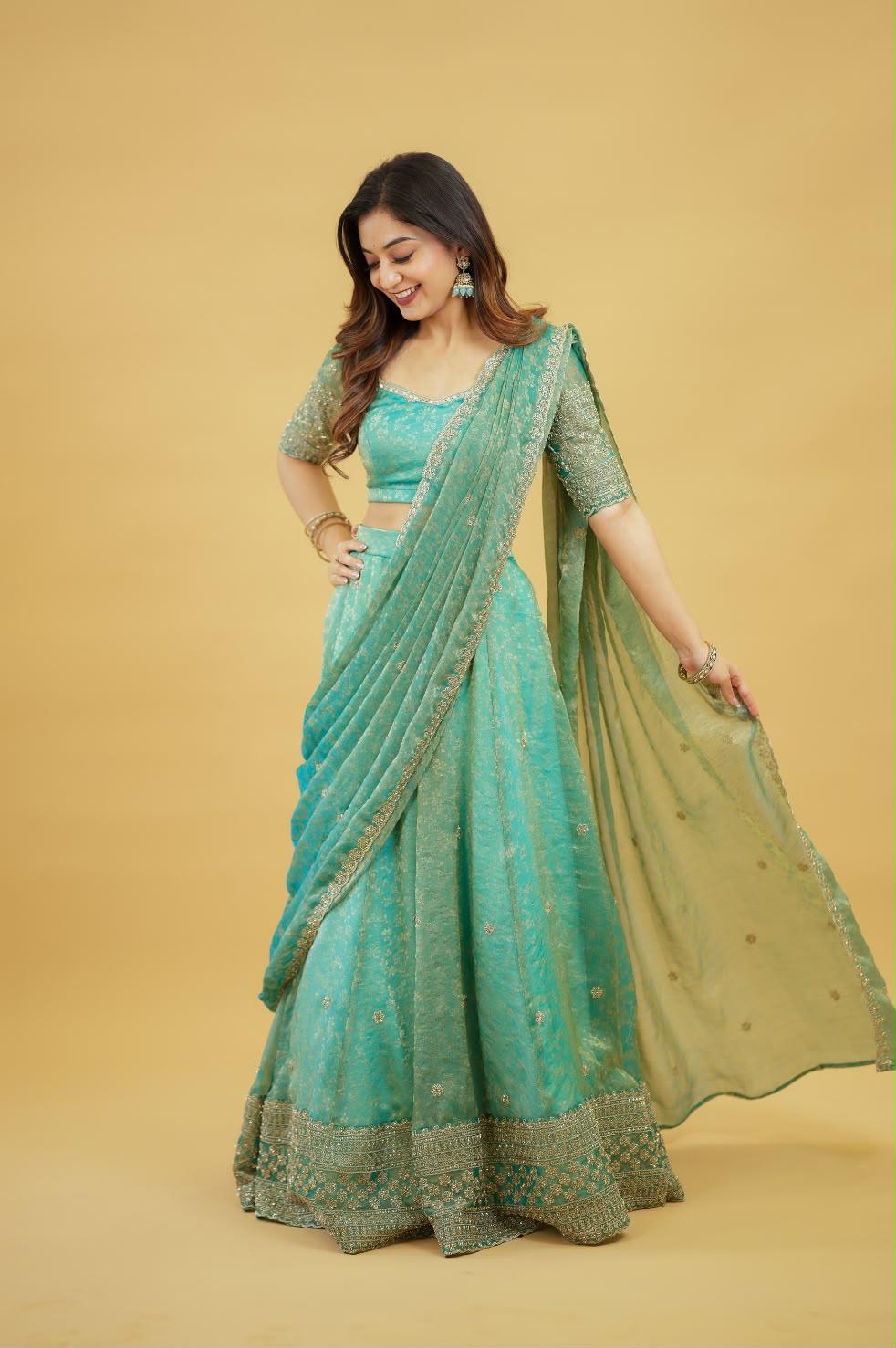 Embroidered Sindoori Silk Lehenga Set | Yellow & Teal Festive Suit