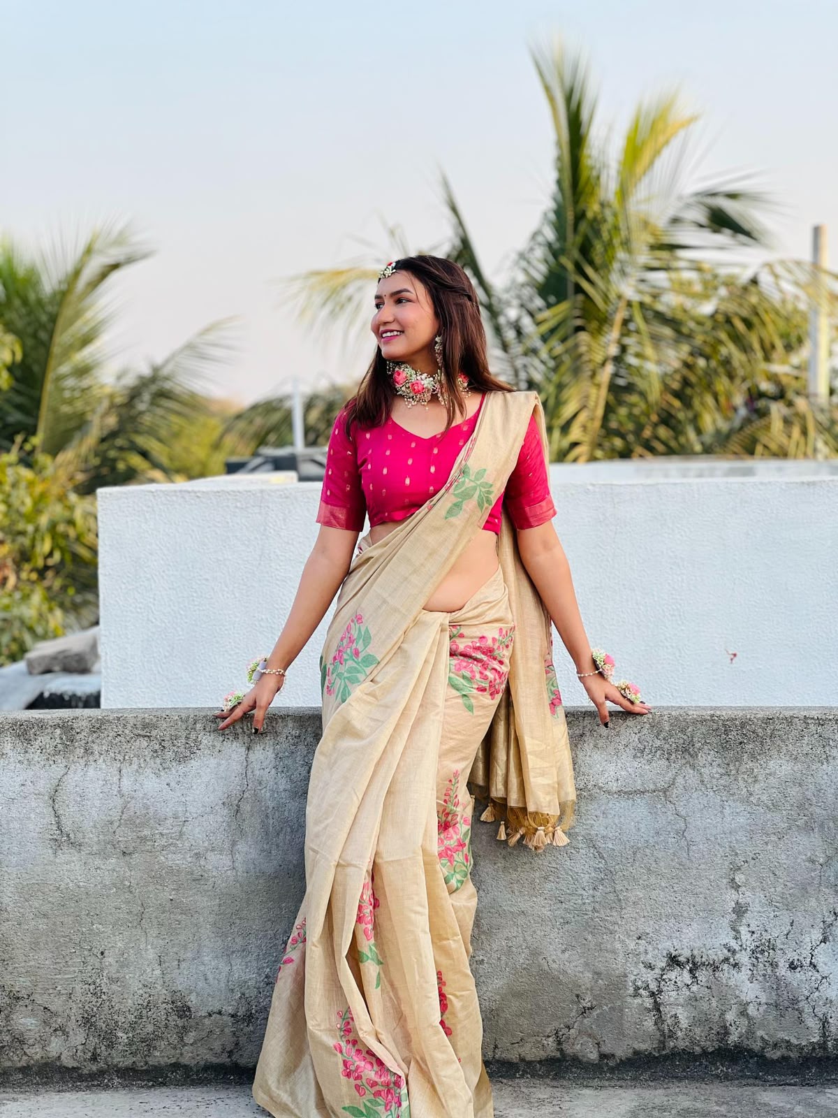 Premium Soft Muga Silk Saree with All-Over Floral Weaving & Contrast Blouse
