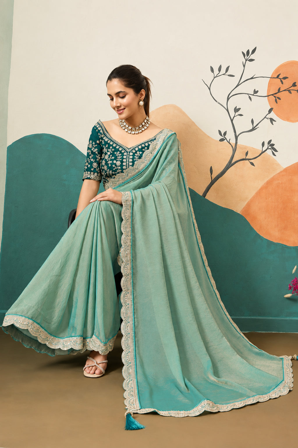 Designer Border Moss Saree & Sequined Silk Blouse