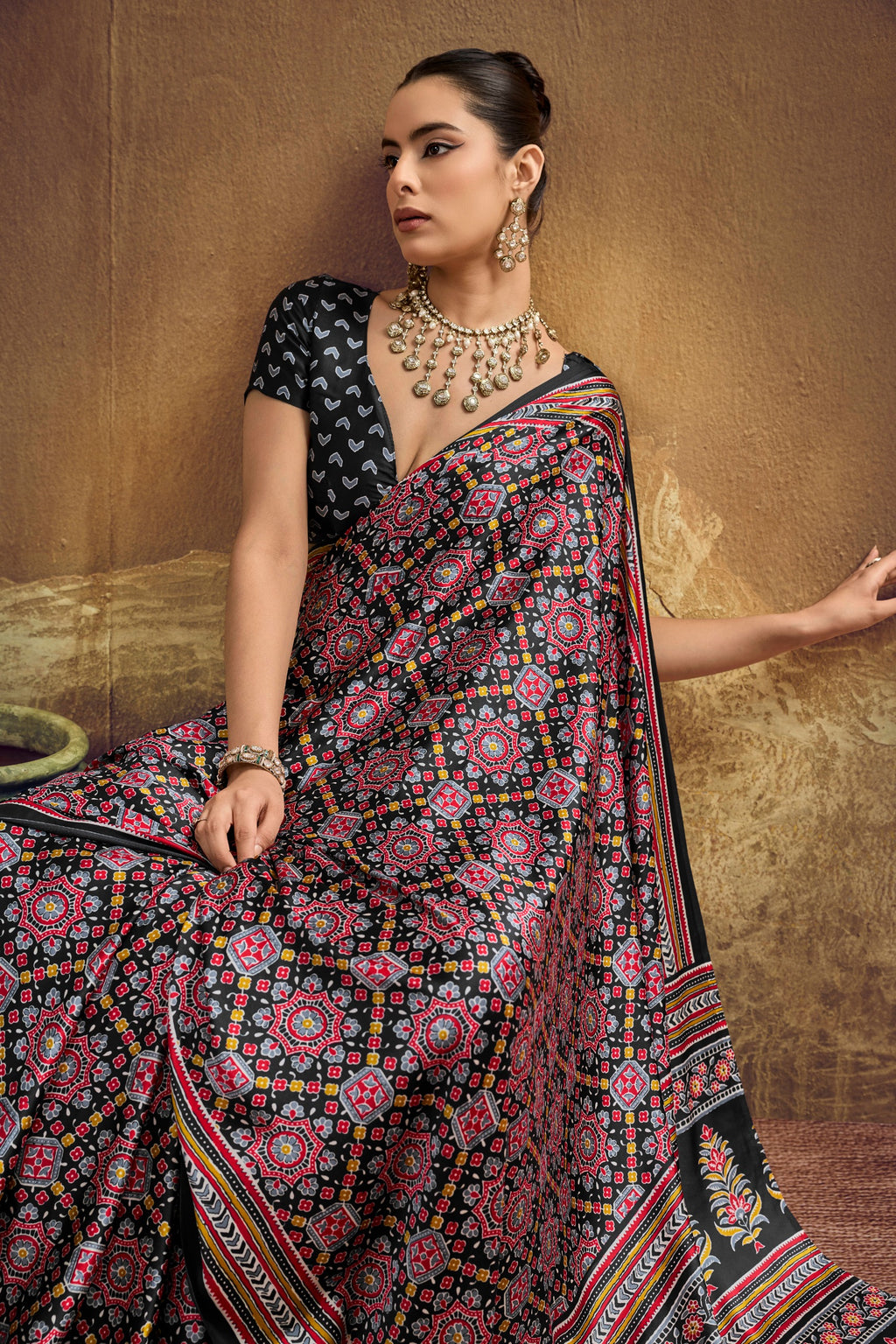 Ajrakh Printed Modal Satin Sarees with Matching Blouse