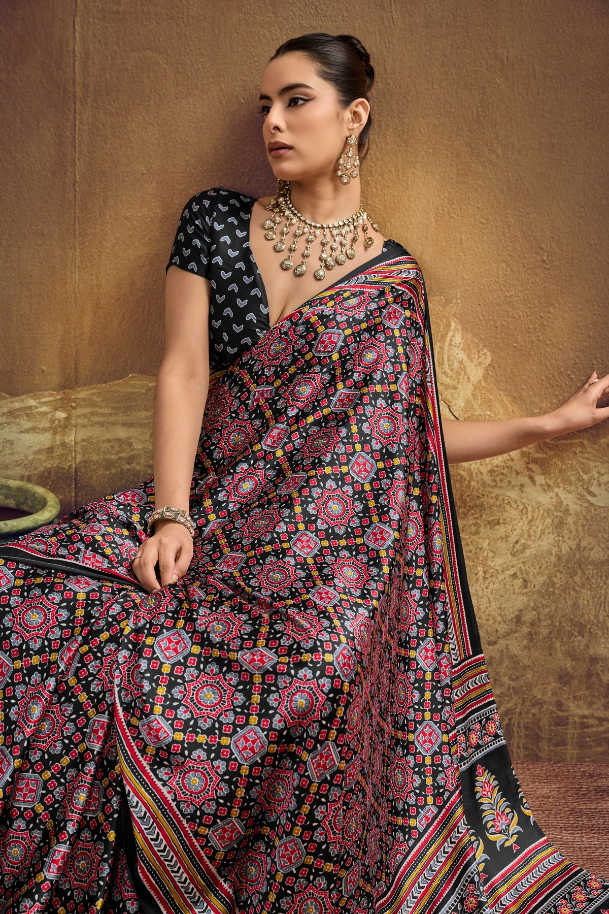 Ajrakh Printed Modal Satin Sarees with Matching Blouse