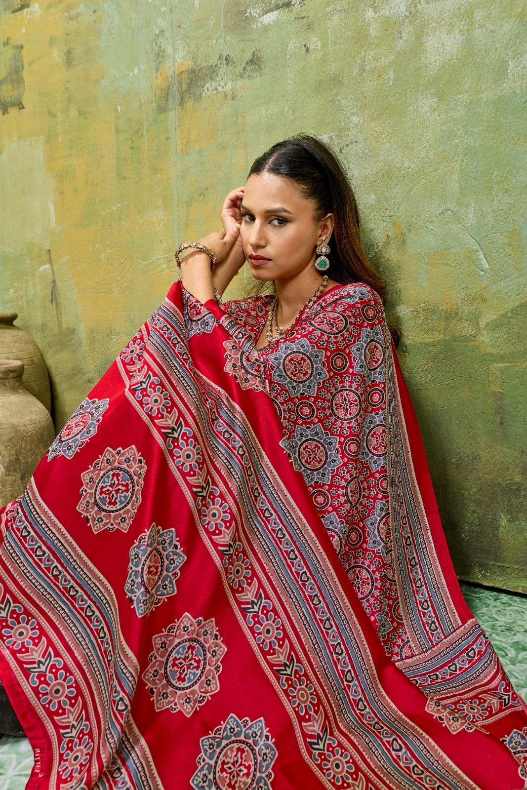 Premium Modal Satin Ajrakh Printed Saree with Matching Blouse