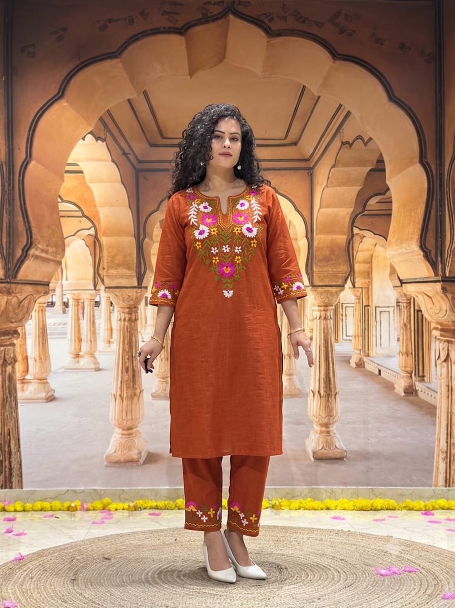 Woman in orange embroidered kurta and trousers set standing in an arched palace hallway.