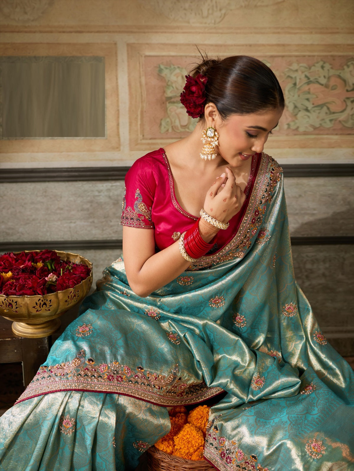 Designer Banarasi Silk Jacquard Saree with Zarkan & Pearl Handwork with Contrast Blouse
