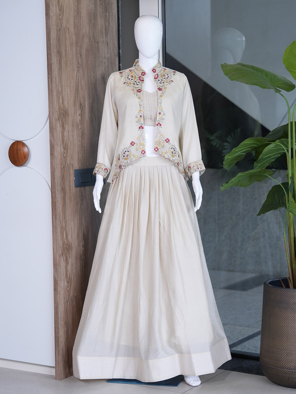 Festive Fusion Opulence: Premium Zazu Silk Embroidered Jacket Lehenga Set with 3-Meter Flair