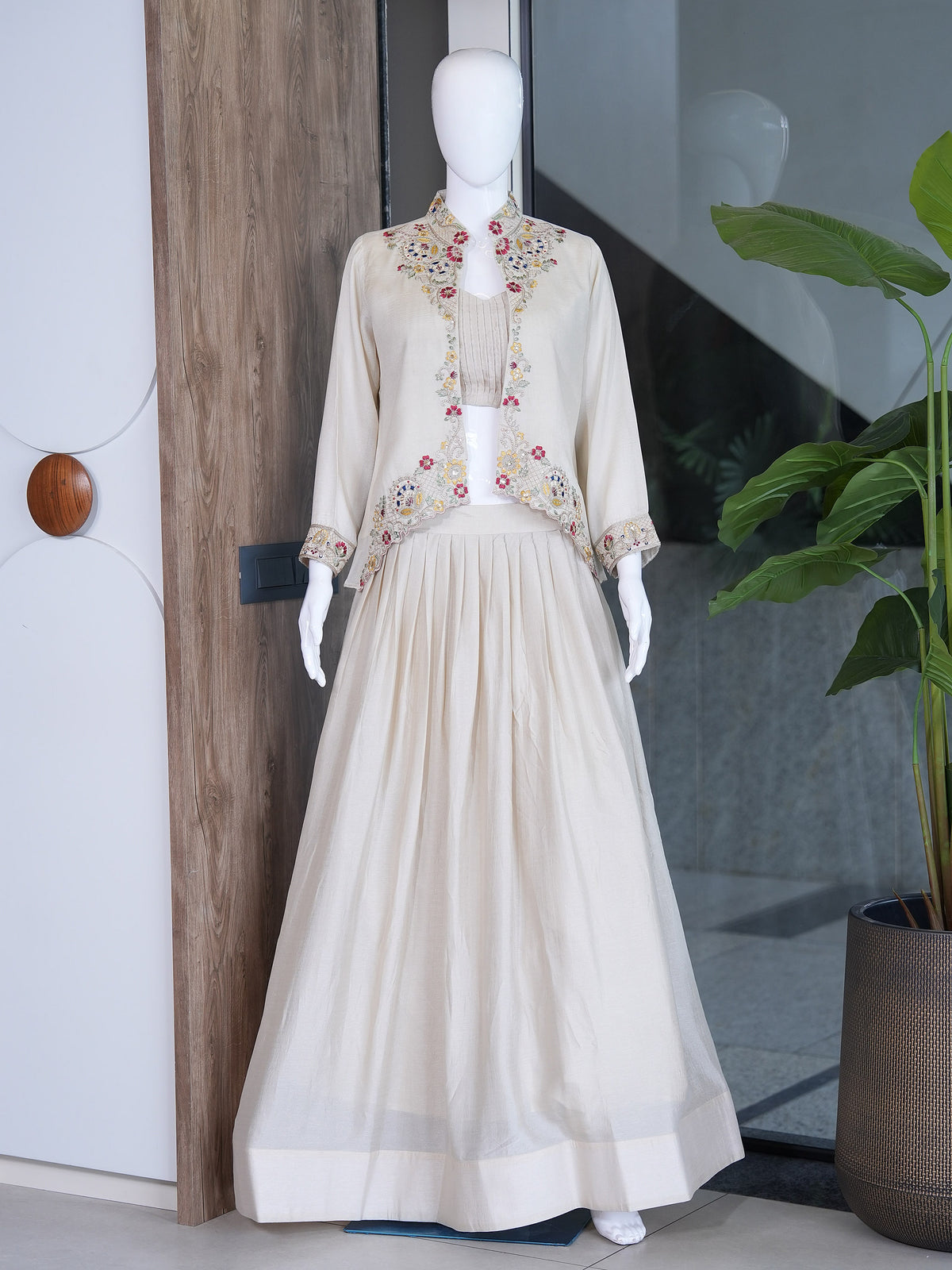 Festive Fusion Opulence: Premium Zazu Silk Embroidered Jacket Lehenga Set with 3-Meter Flair