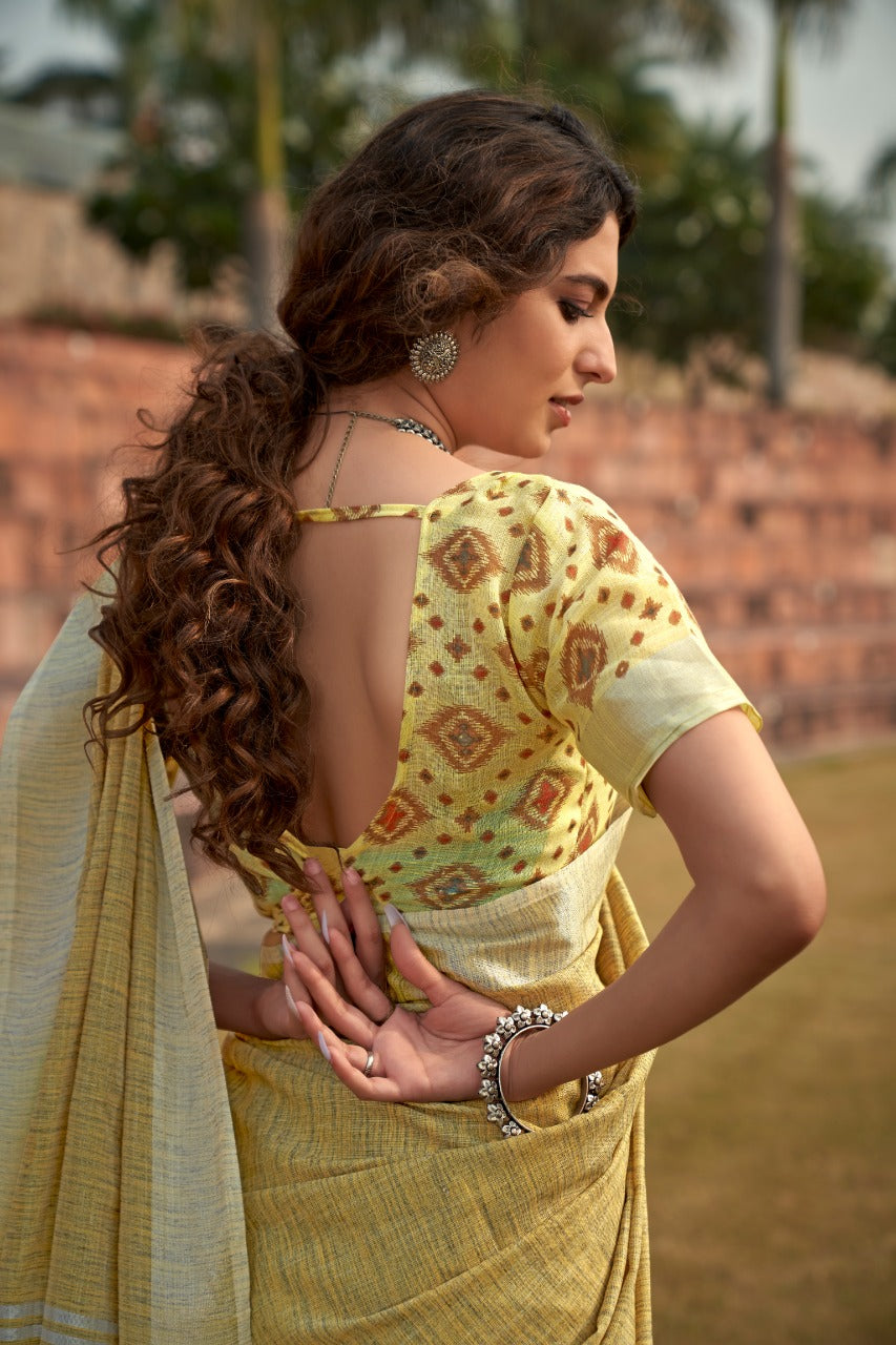 Timeless Elegance Meets Organic Luxury: Soft Linen Silk Sarees with Textured Khadi Work & Designer Blouse Piece