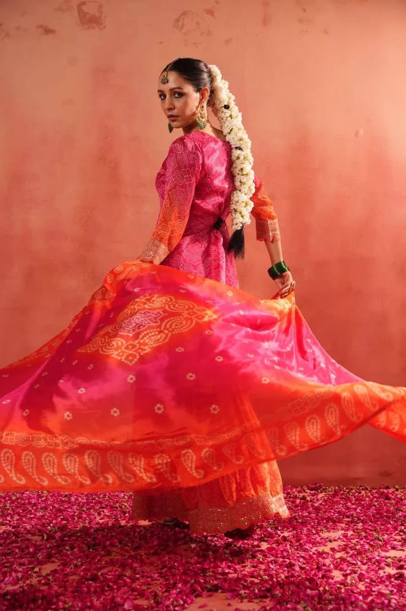 Festive Chinon Silk Bandhej Print Sharara Set | Heavy Sequence Embroidery