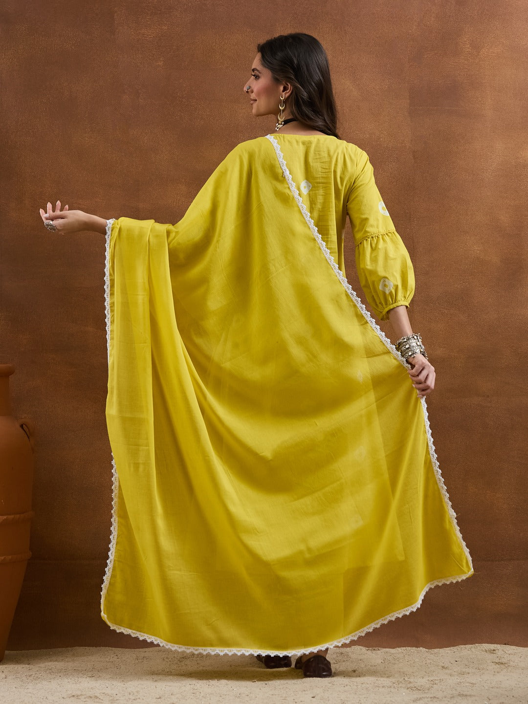 Mustard Yellow Flared Anarkali Set | Floral Thread Embroidery & Lace Detailing