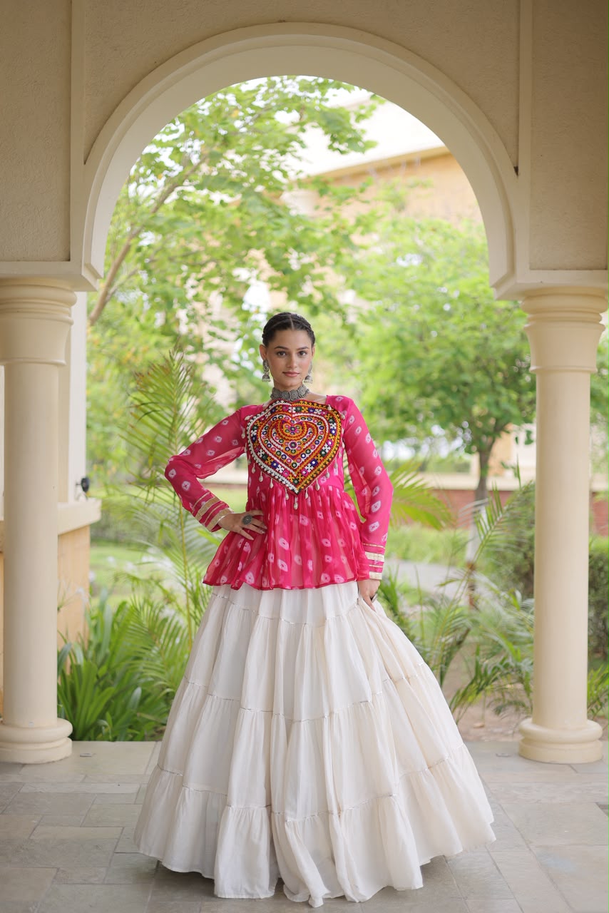 Kutchi Gamthi Patchwork Bandhani Top with Tiered Kora Cotton Lehenga