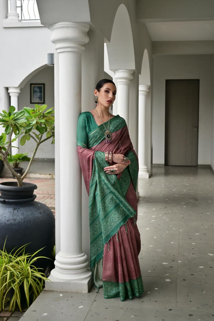Soft Desi Tussar Silk Saree with Traditional Ikkat Pallu & Tassels