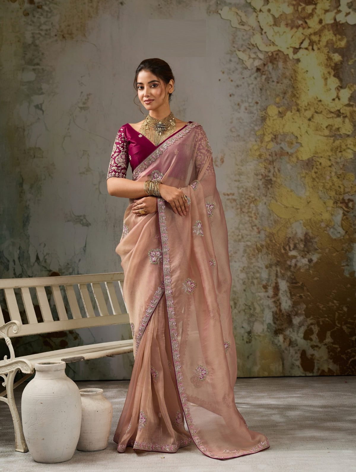 Metallic Tissue Saree with Pita Zari & Antique Sleeve-Embroidered Satin Blouse