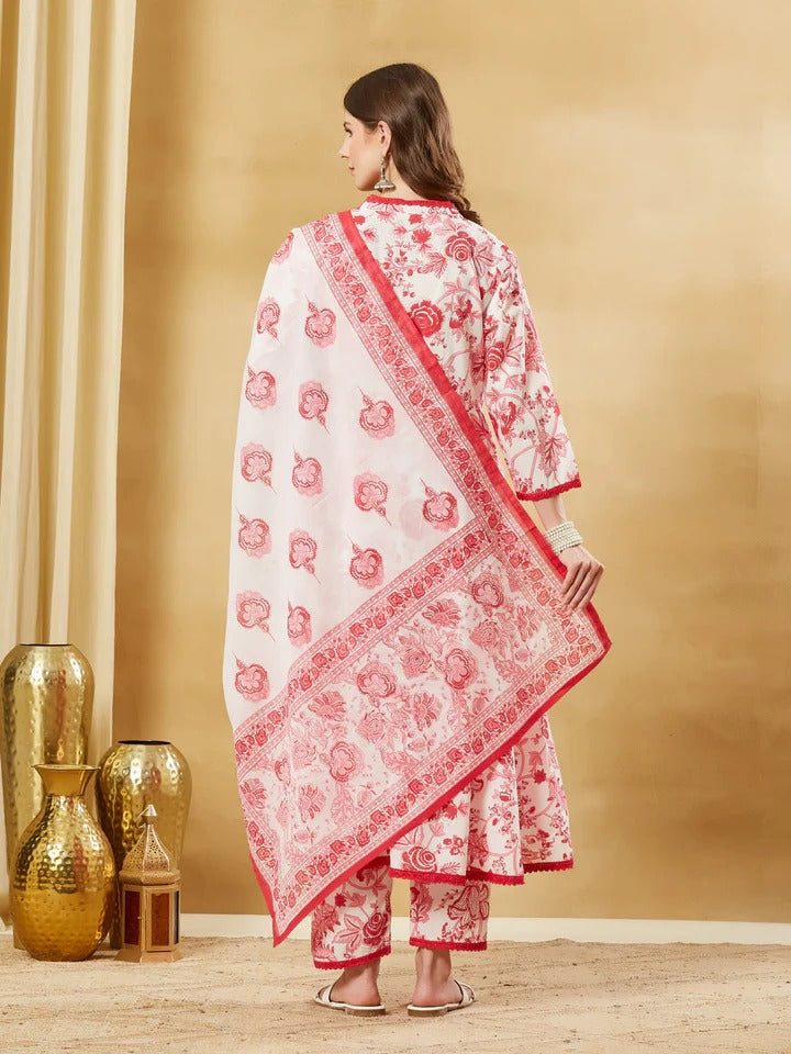 White Floral Cotton Anarkali Kurta Sets With Dupatta