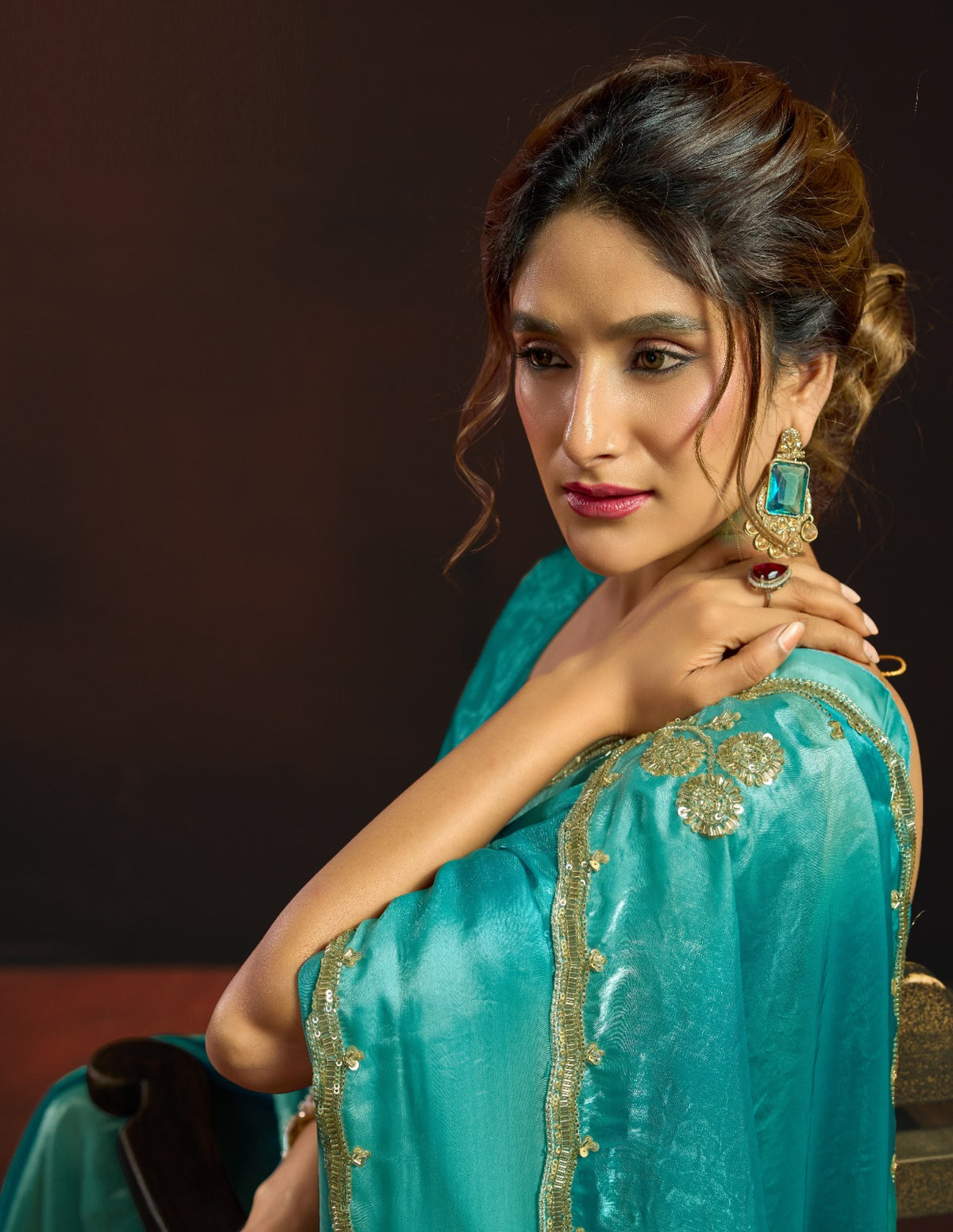 Dual-Tone Digital Shaded Fandy Satin Saree with Intricate Beadwork Border
