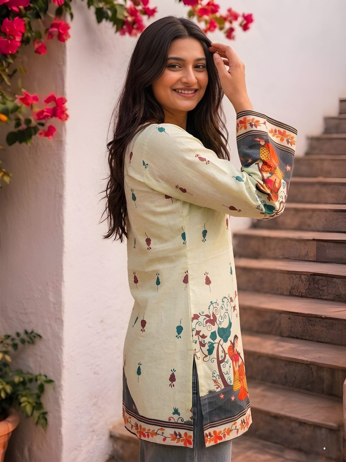 Classic Heritage: Cream Pure Cotton Kalamkari V-Neck Tunic