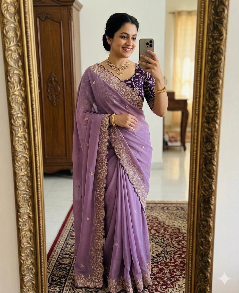 Woman wearing a purple embroidered saree with a gold border and matching jewelry.