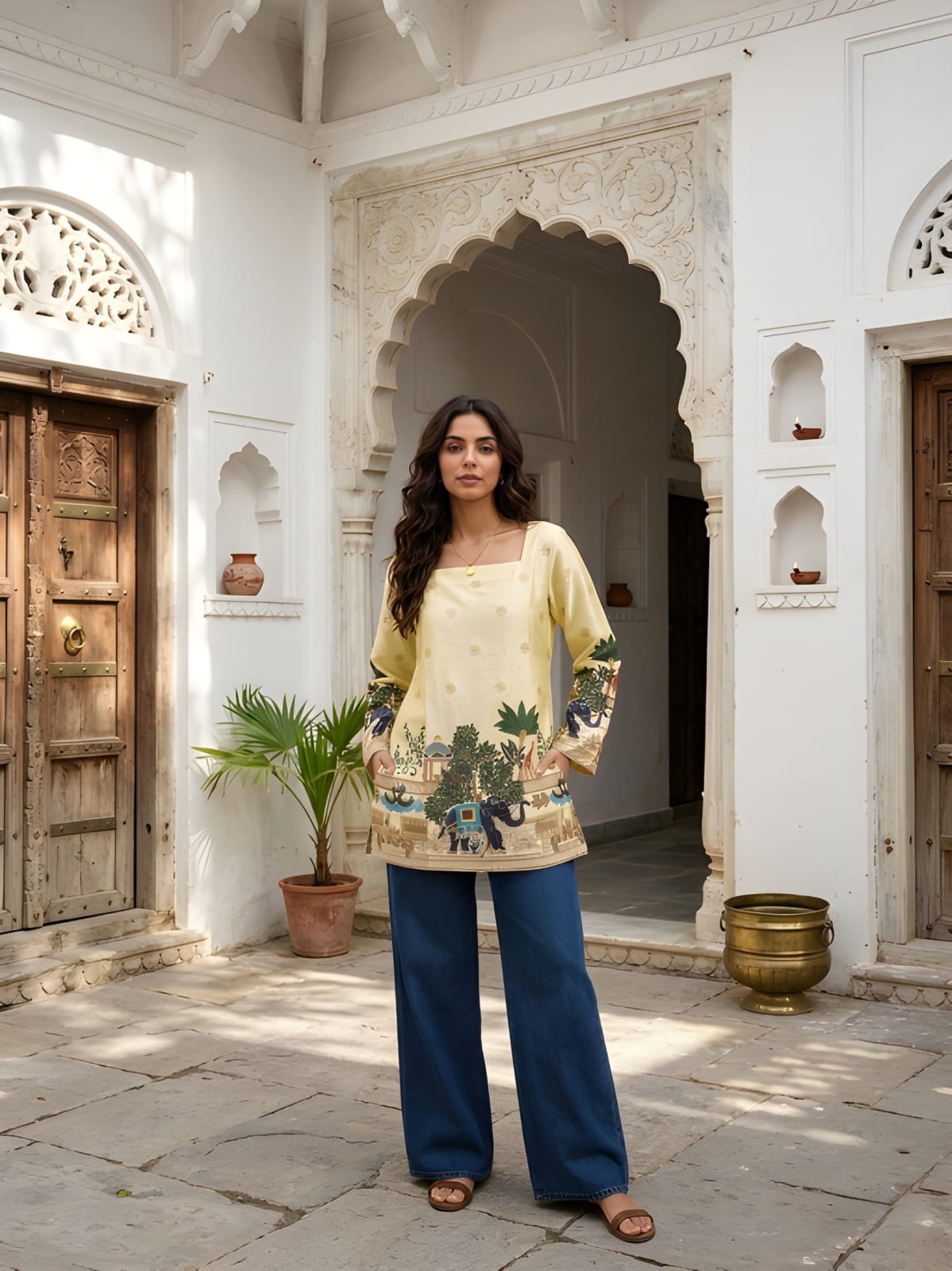 Radiant Heritage: Off-White Cotton Kalamkari Tunic with Yellow Glow