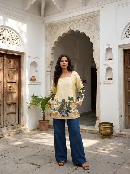 Radiant Heritage: Off-White Cotton Kalamkari Tunic with Yellow Glow
