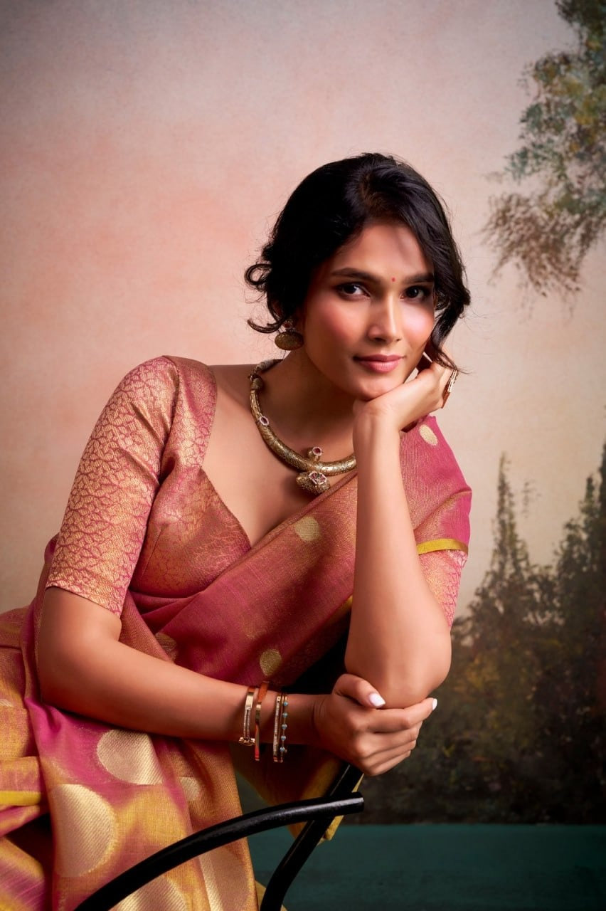Luminous Tissue Silk with Gold Zari Motifs