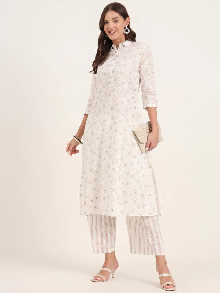 White Floral Printed Cotton Kurta Pant Sets