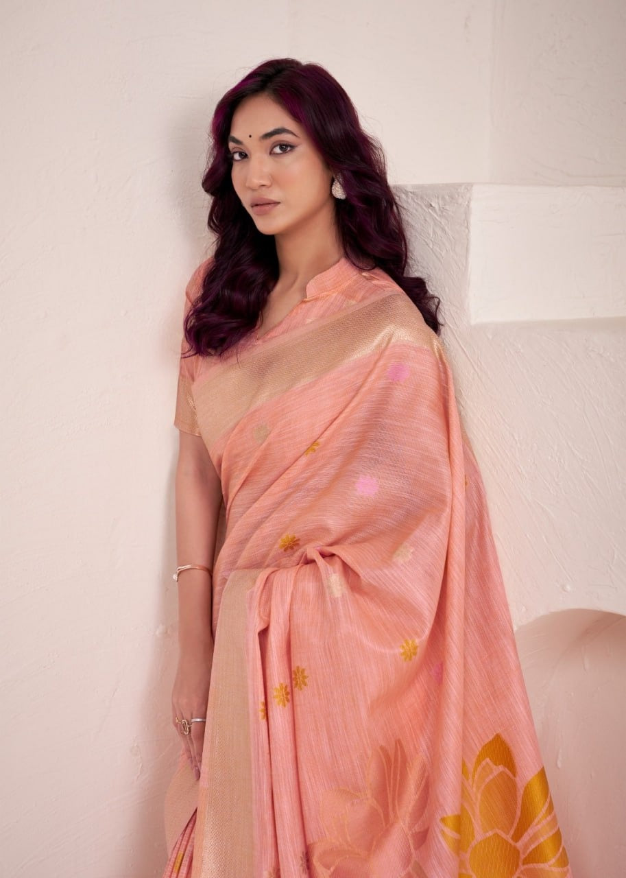 Dynamic Silk: Soft Linen Saree with Rich Jacquard Pallu & Matching Blouse Piece