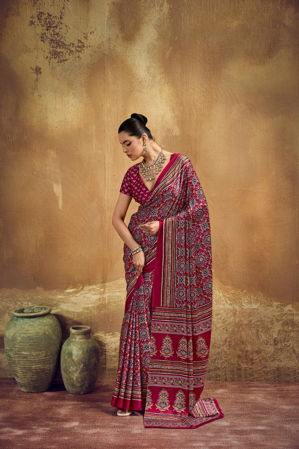 Ajrakh Printed Modal Satin Sarees with Matching Blouse