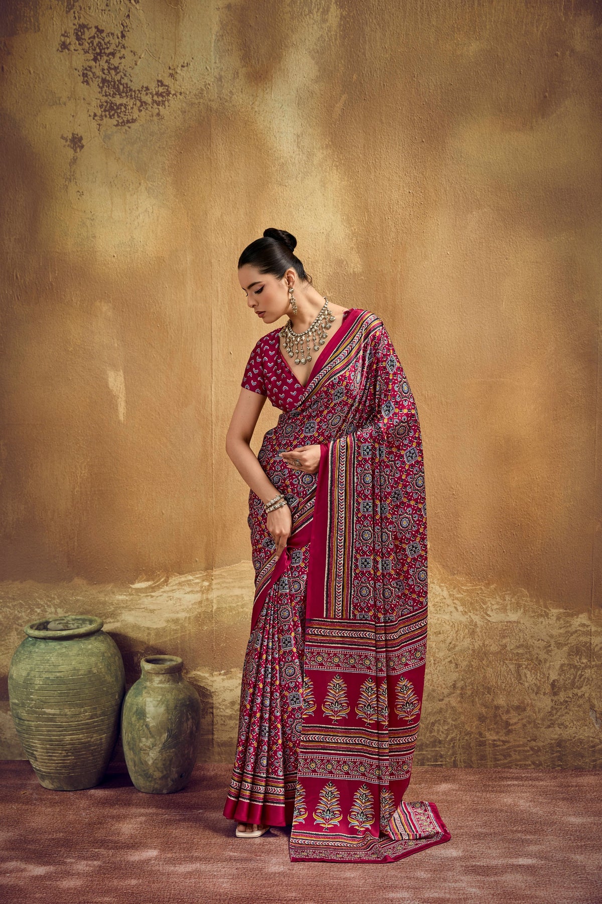 Ajrakh Printed Modal Satin Sarees with Matching Blouse