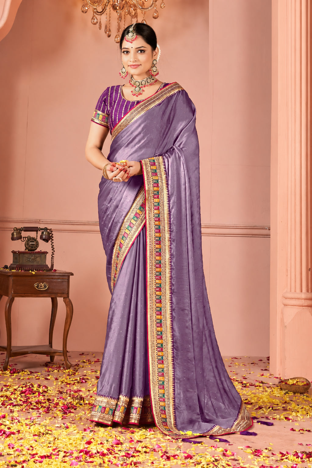Rangoli Saree with Swarovski Crystal Border & Embroidered Banglory Silk Blouse