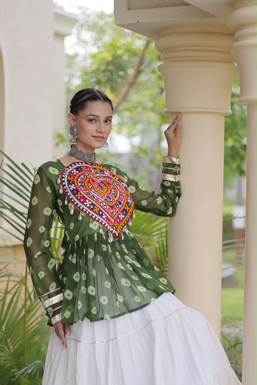 Kutchi Gamthi Patchwork Bandhani Top with Tiered Kora Cotton Lehenga