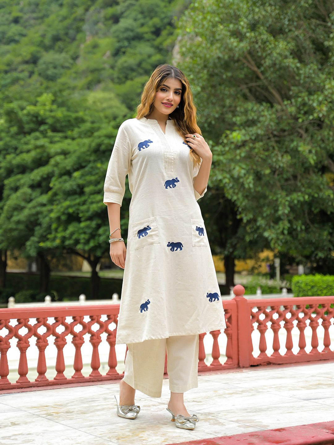 Off White Embroidered Cotton Flex A-Line Kurta Palazzo Set