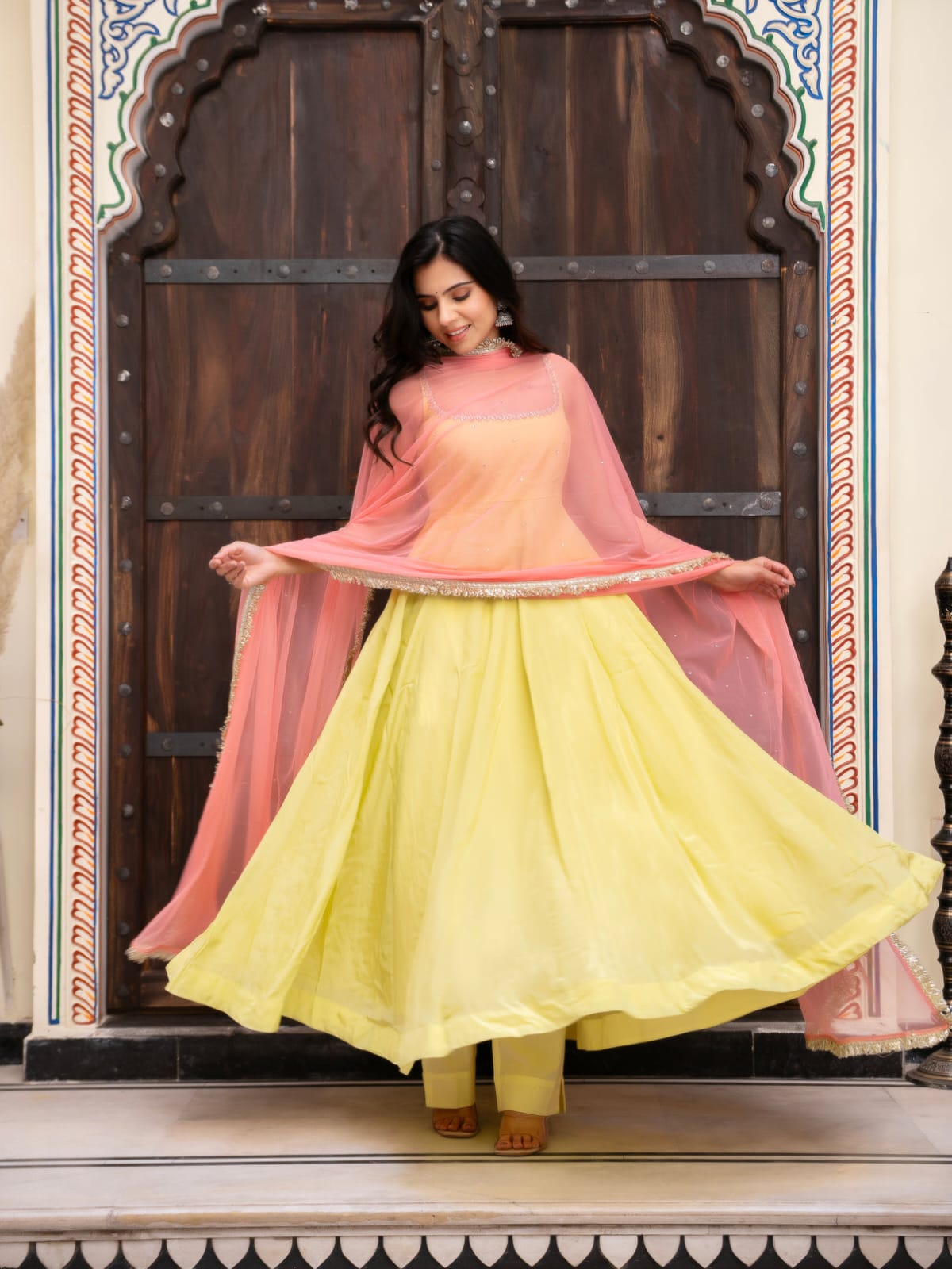 Pastel Yellow Georgette Anarkali Set with Peach Dupatta | Silver Lace