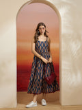 Blue Leaf-Print Pure Cotton Fit & Flare Dress with Pom-Pom Lace