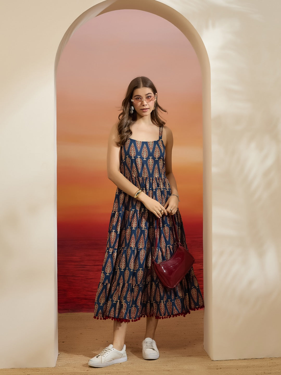 Blue Leaf-Print Pure Cotton Fit & Flare Dress with Pom-Pom Lace